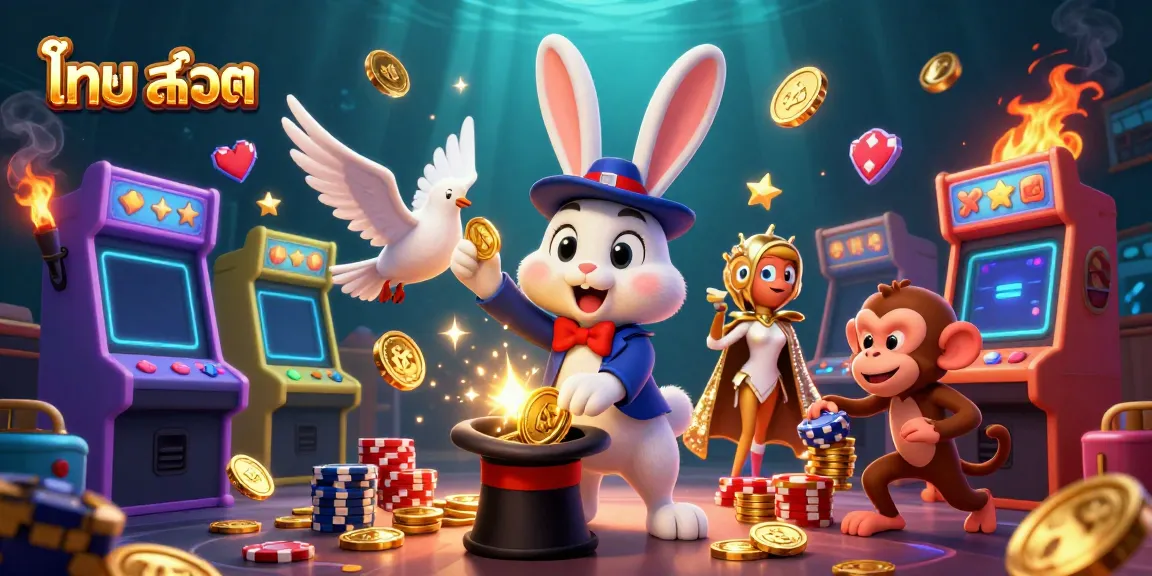 Win big with ไทย สล็อต as a magician rabbit conjures coins, a dove sparkles, and a monkey steals poker chips.
