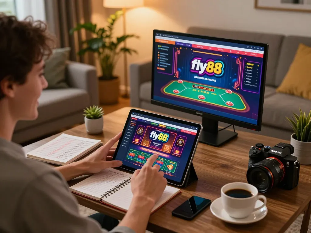 Players engaging with the fly88 online casino interface, showcasing immersive gaming experience at home.