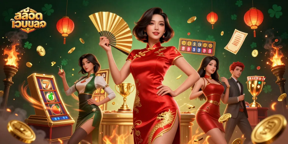 Engage in the excitement of สล็อตเว็บตรง with a vibrant illustration of a confident Asian woman celebrating jackpots.
