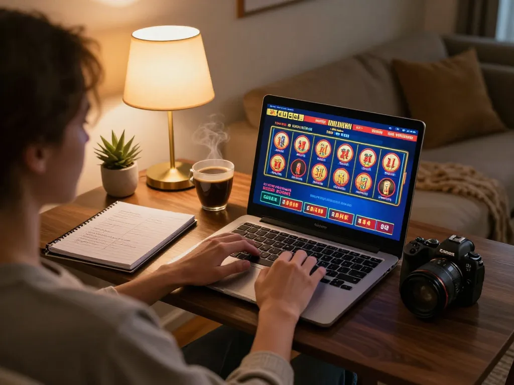 Engaged player on 99win enjoying online slots while strategizing at home, cozy atmosphere