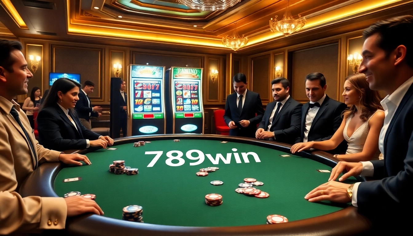 Engaging scene of luxury poker at 789win casino, showcasing players and vibrant chips.