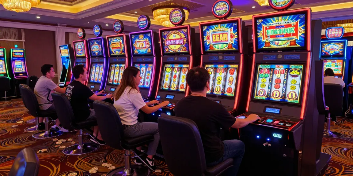 Exciting gaming scene with diverse players at slot machines in a vibrant casino environment.