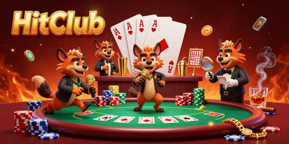Experience the lively HitClub scene where comic hyenas engage in casino fun with poker elements and vibrant visuals.