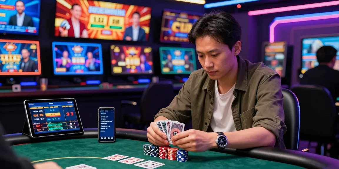 Player engaged in online gambling with rokok88 at a vibrant poker table, showcasing game excitement.