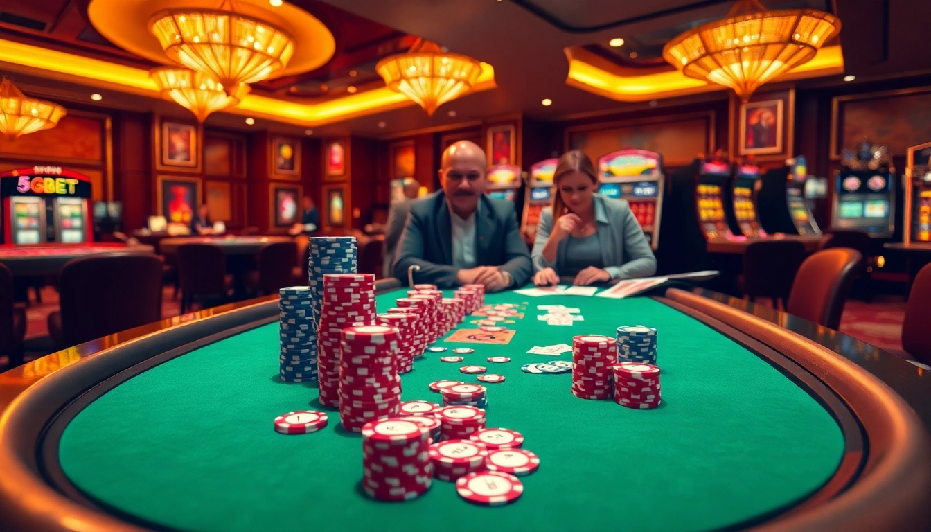 Play thrilling poker at 5GBET with vibrant chips and strategic gameplay in a luxe casino setting.