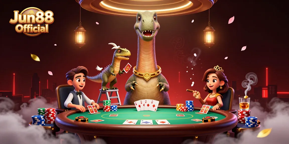 Engage with Jun88 Official's vibrant 3D casino illustration showcasing a playful scene featuring gaming action and dynamic interactions.