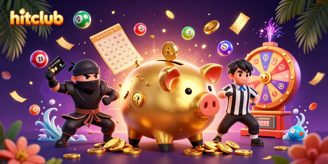 Experience exciting gameplay at hitclub with a dynamic scene of golden piggy bank and characters celebrating wins.