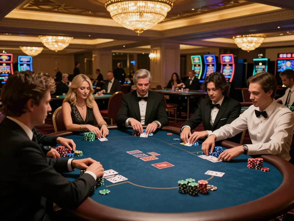 HB88 players engaged in a strategic poker game with vibrant casino atmosphere.