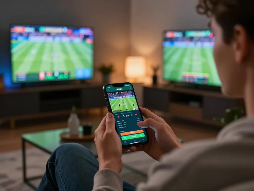 Person using the USBET app for live sports betting in a modern home setting.