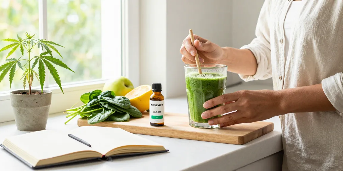 Hempworx CBD oil used in vibrant kitchen for natural wellness smoothie.