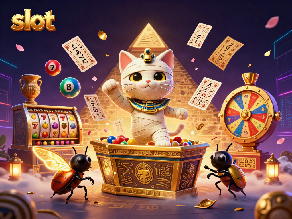 Engage with thrilling slot adventures while an Egyptian mummy cat bursts from a golden sarcophagus.