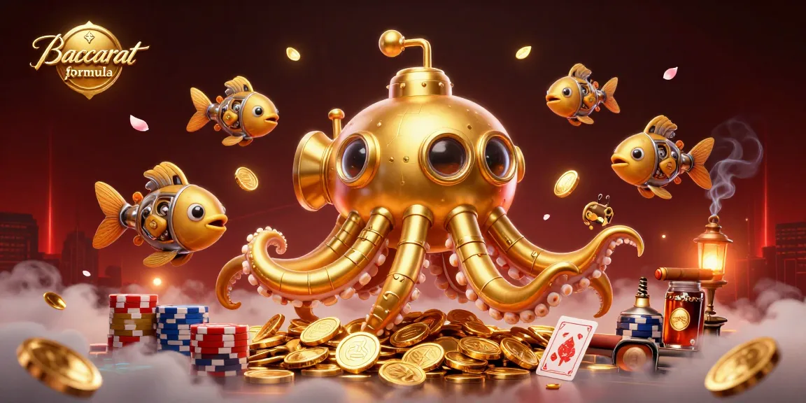Baccarat formula illustrated with a golden kraken submarine among poker chips and cards, showcasing dynamic gambling excitement.