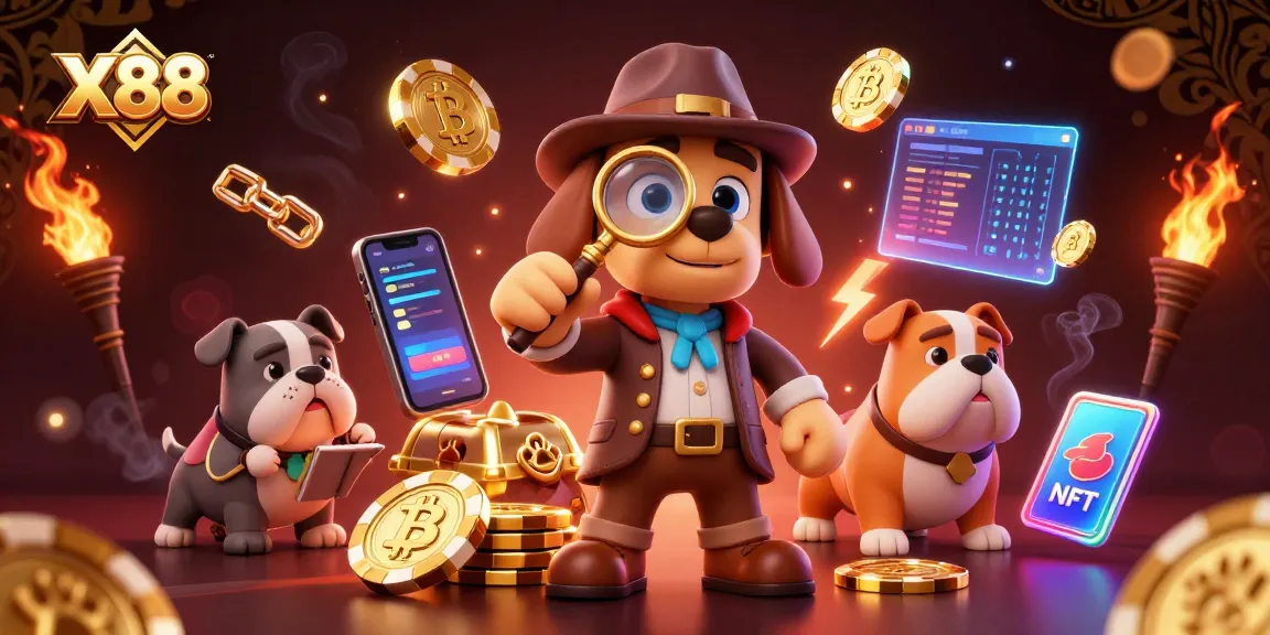 Join the treasure hunt at X88 with a detective uncovering golden poker chips amidst crypto coins.