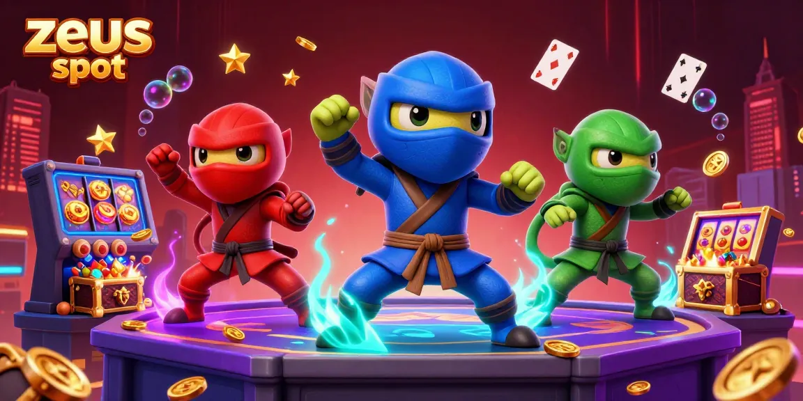 Experience the excitement of zeus slot with colorful ninja chameleons in a vibrant casino backdrop, packed with dynamic game elements.