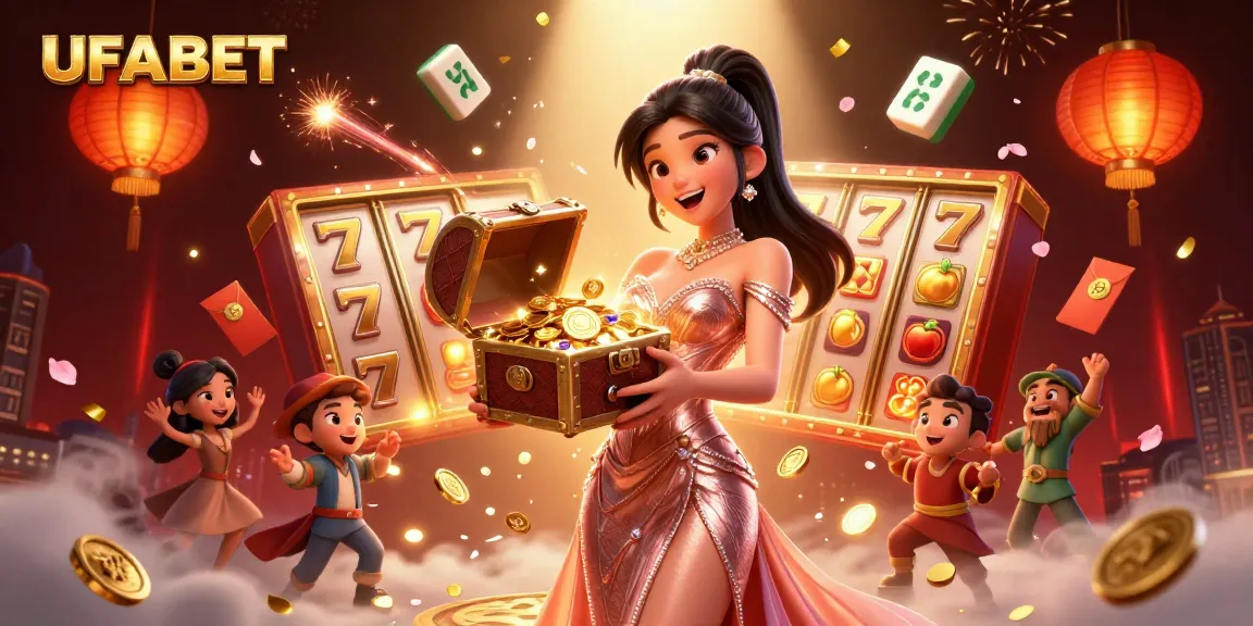 Win big with UFABET as gorgeous Asian woman celebrates a treasure chest of coins and gems.