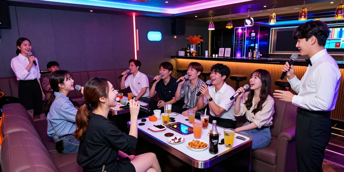 Enjoying the lively atmosphere of 인천쓰리노 karaoke venue with friends and stylish servers.
