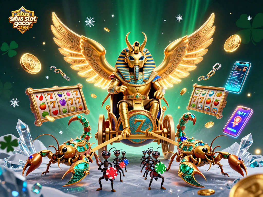 Gambaran situs slot gacor 2026 dengan karakter unik di kereta, dikelilingi simbol slot yang memikat