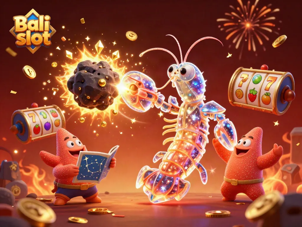 Experience thrilling gameplay in Bali slot with a galactic mantis shrimp breaking an asteroid full of treasure.
