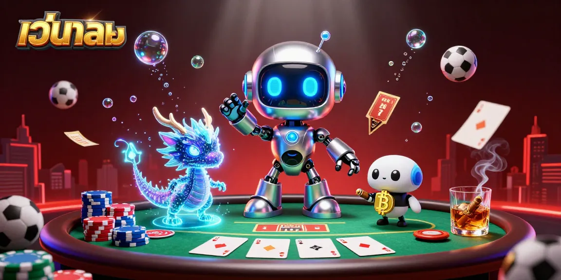 Bet on เว็บบอล with a vibrant 3D casino scene featuring a futuristic robot, a holographic dragon, and betting elements.