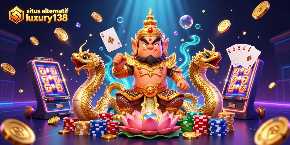 Sparkling scene showcasing situs alternatif luxury138 with vibrant slot machine action and mythical casino guardians.