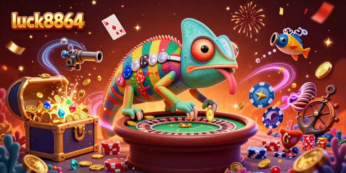 Engage with luck8864's thrilling casino experience featuring a vibrant chameleon and immersive gaming elements.