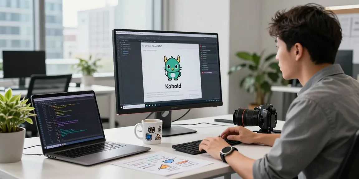 Engaging Kobold AI interaction in a tech workspace with a developer utilizing AI technology.
