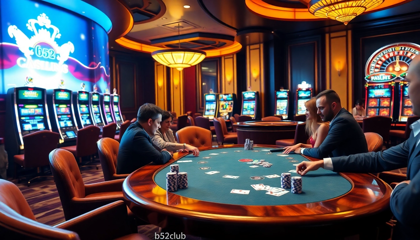 Experience excitement at b52club with players enjoying poker in a luxurious casino setting.