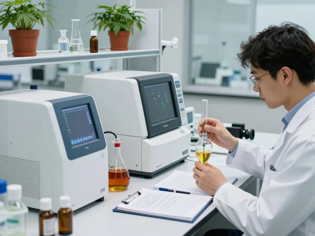 Cannabinoid manufacturer Europe laboratory scene focused on high-tech cannabis processing and analysis.