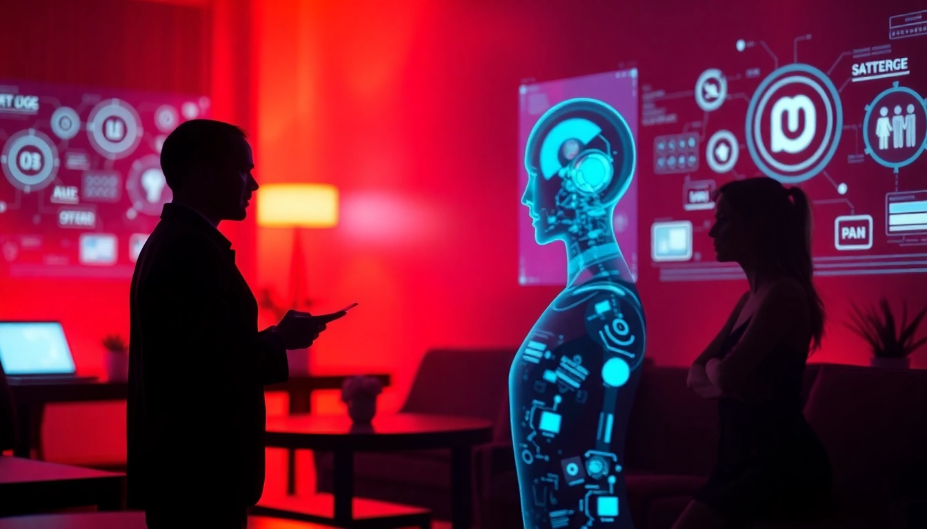 Engaging AI porn chat scene depicting a futuristic digital interaction with AI characters.