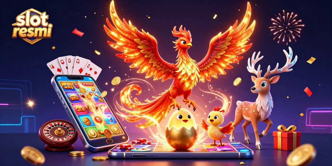 Experience the thrill of slot resmi as the fire phoenix rises amidst colorful gaming elements and festive confetti.