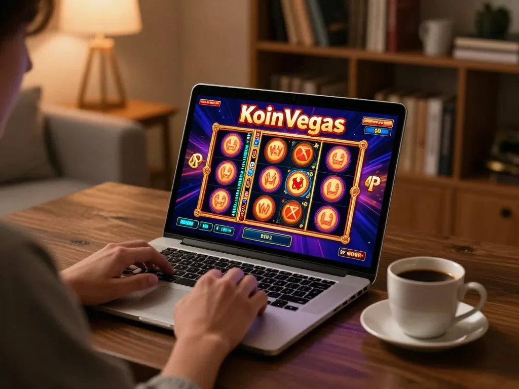 Koinvegas slot player engaging with vibrant reels on a laptop in a cozy home setting.
