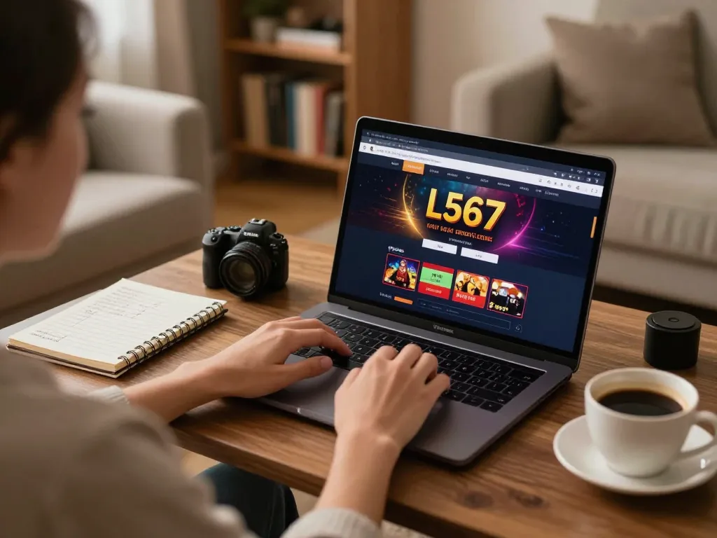 L567 player strategizing at home using laptop for online casino gaming.