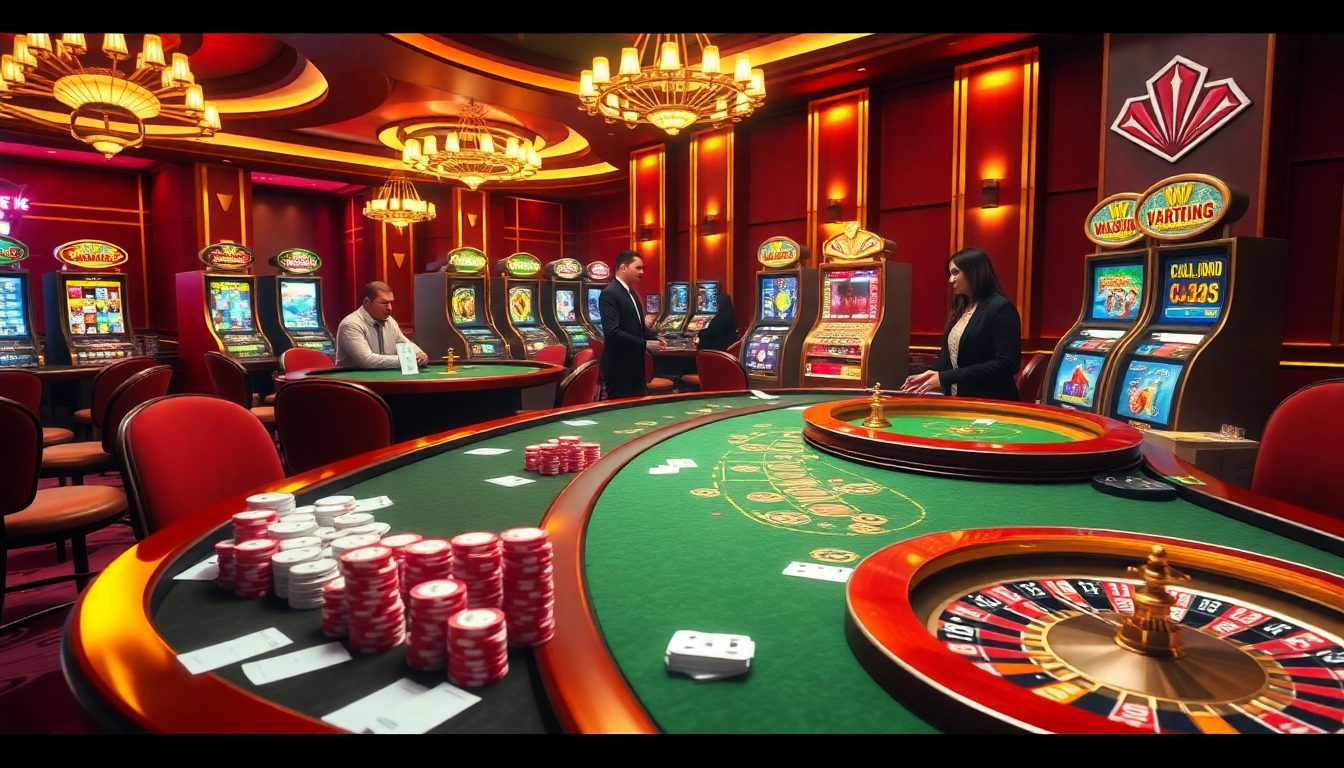 Join the thrilling action at Vuabai9, showcasing poker chips and roulette wheels in an upscale casino setting.