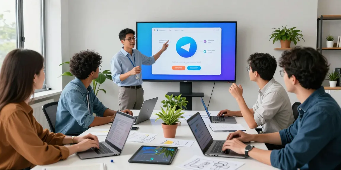 Collaborative workspace showcasing Telegram Download process with enthusiastic developers discussing in a bright modern office.