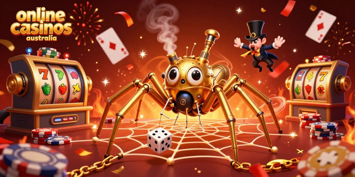 Enticing 3D scene showcasing online casinos Australia with a golden spider and Victorian fly surrounded by slot machines and poker elements.