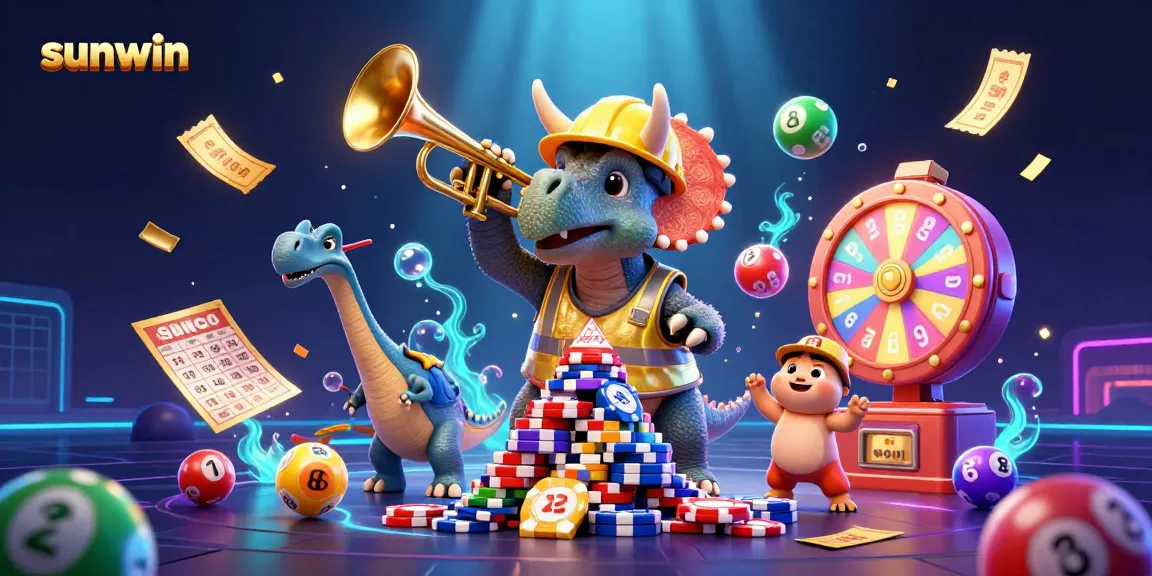 Experience thrilling gameplay at sunwin with vibrant lottery balls and engaging characters in a lively casino scene.