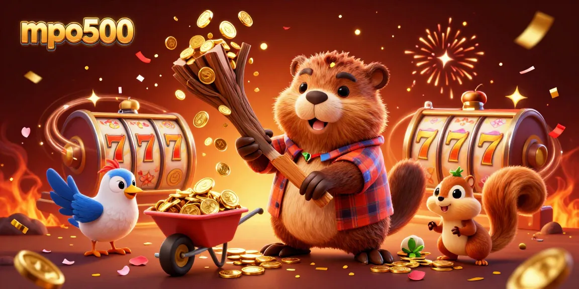 Experience the thrill of mpo500 as characters celebrate with spinning slot reels and golden coins raining down.