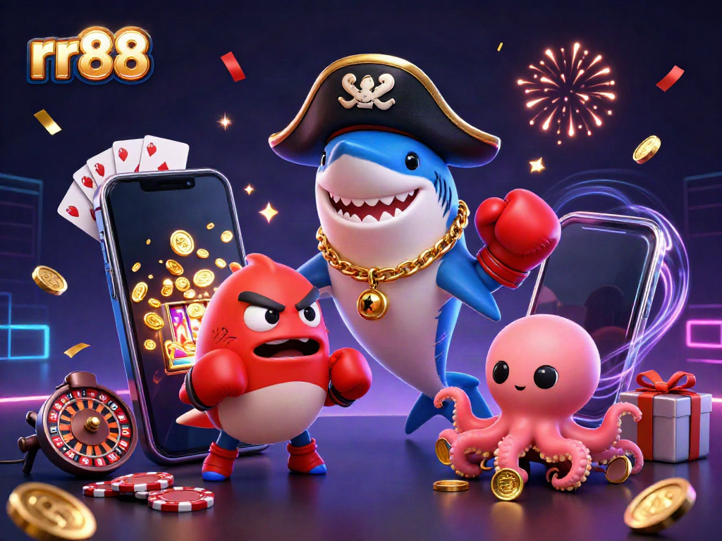 Engage in thrilling rr88 gaming with a vibrant scene featuring charismatic cartoon characters in a dynamic casino setting.