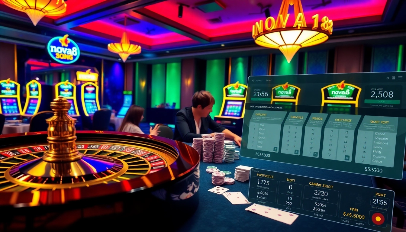 Experience the thrill of nova88 with players at a vibrant casino table surrounded by lively gambling action.