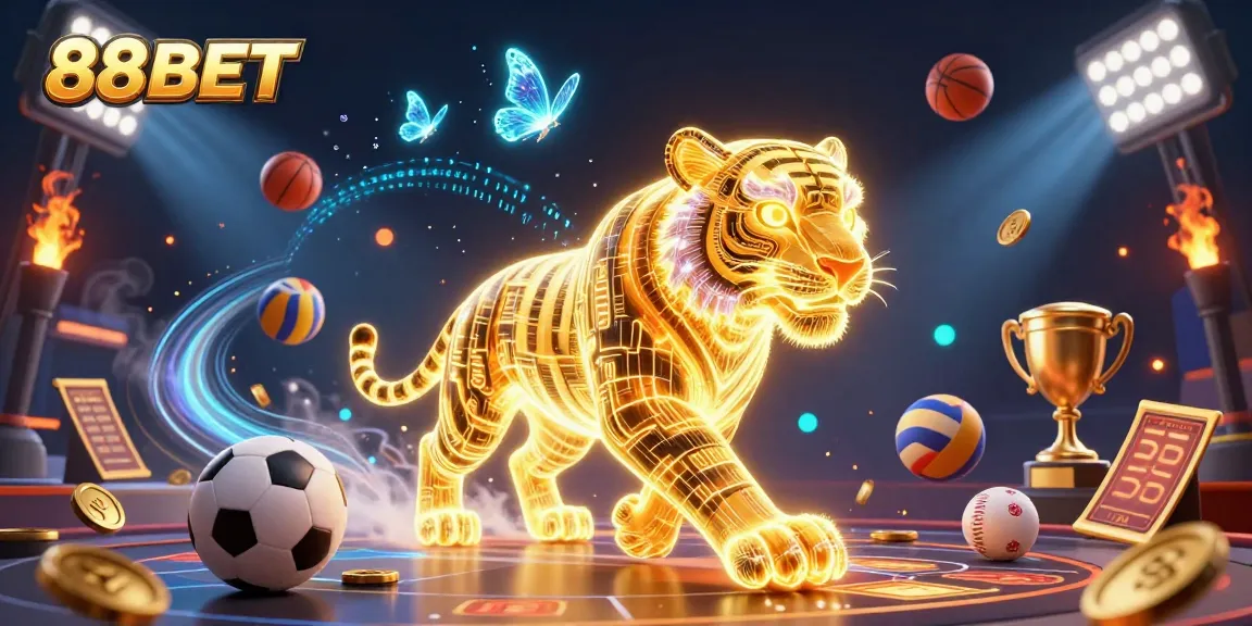 Experience thrilling gameplay with 88BET in a vibrant digital casino scene filled with sports elements and vivid graphics.