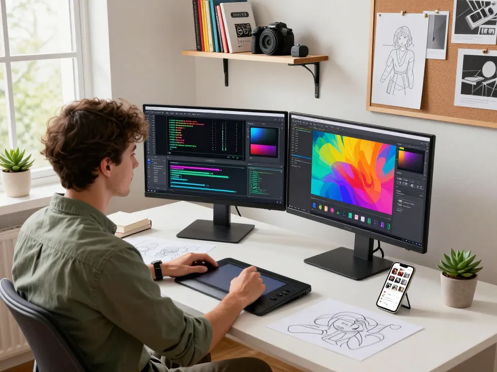 Designer utilizing nano banana 2 interface at a modern creative workspace with dual monitors.