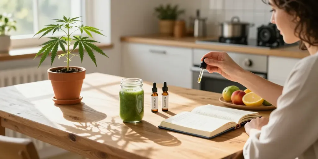Dope vapes alongside premium CBD oil and fresh ingredients in a serene kitchen wellness scene.
