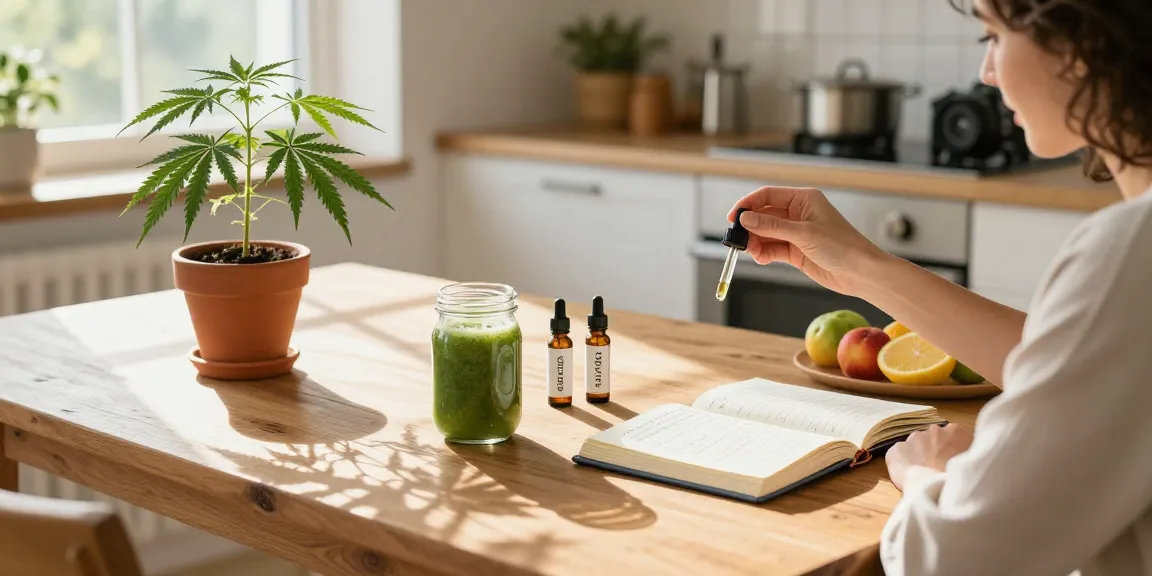 Dope vapes alongside premium CBD oil and fresh ingredients in a serene kitchen wellness scene.