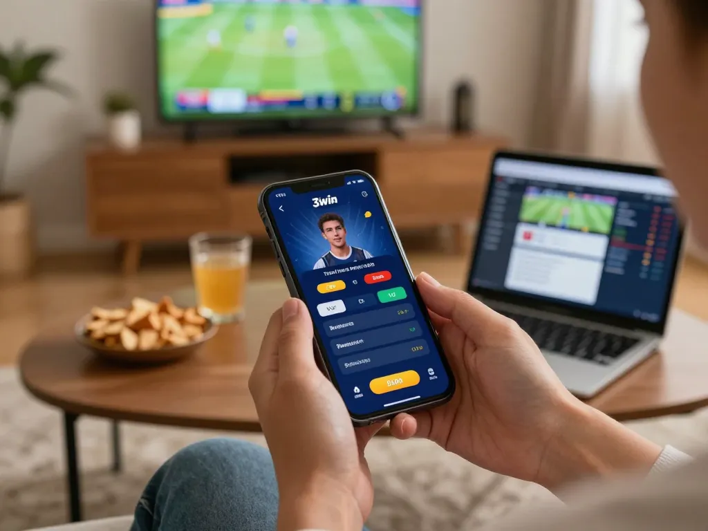 3win actor user engaging in sports betting with a smartphone interface in a cozy living room