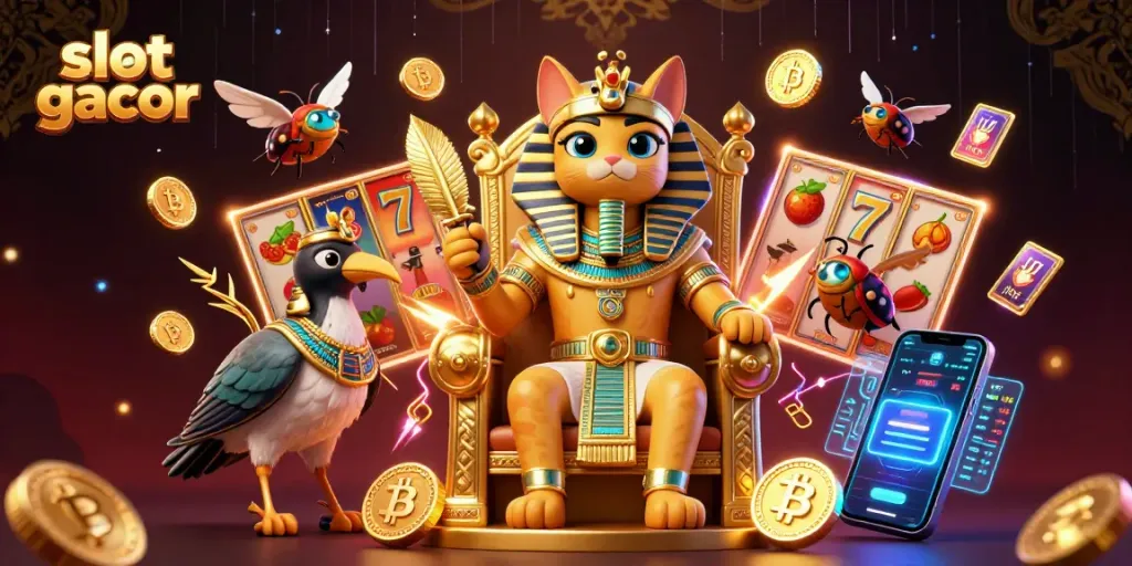 Slot gacor memperlihatkan kucing firaun 3D dan elemen kasino di latar megah.