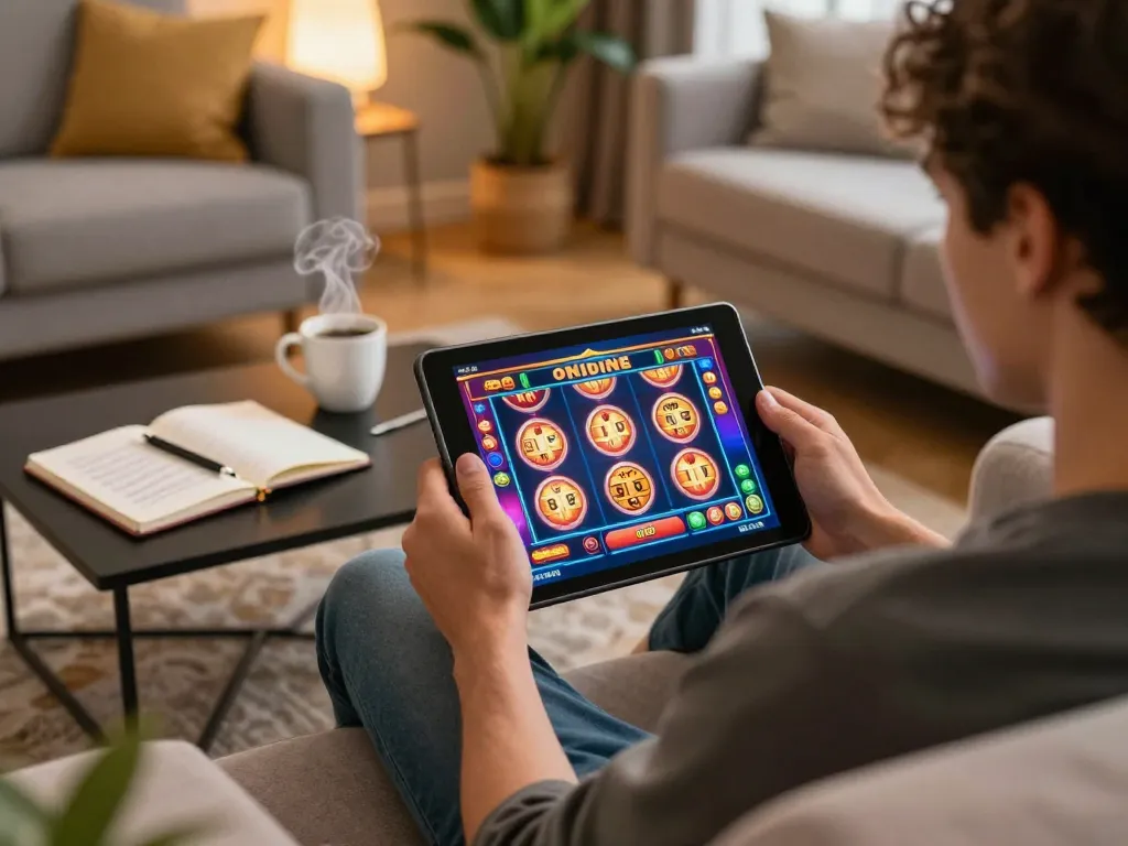 Experience 7hh online slots in a cozy home gaming setup, showcasing strategic play with a tablet.