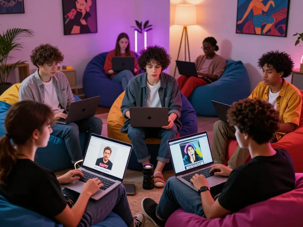 A lively digital lounge showcasing NSFW discussions, featuring diverse individuals enjoying vibrant content on laptops and tablets.