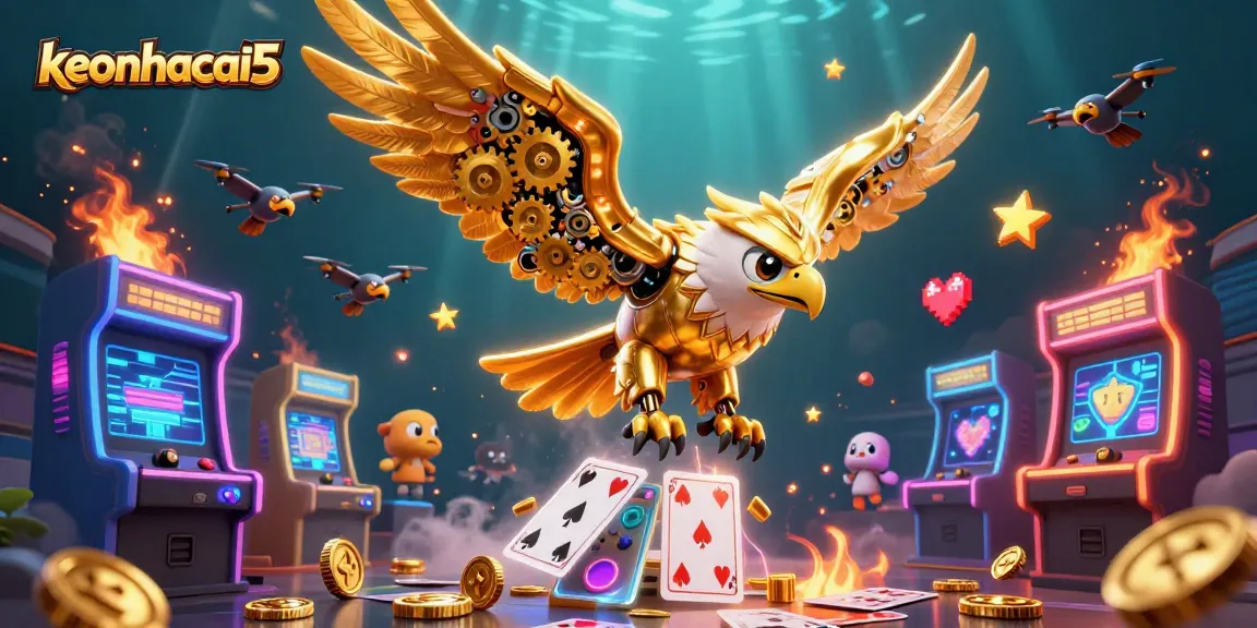 Bet on exciting games with keonhacai5, featuring a dynamic 3D scene of a golden eagle soaring through casino-themed elements.