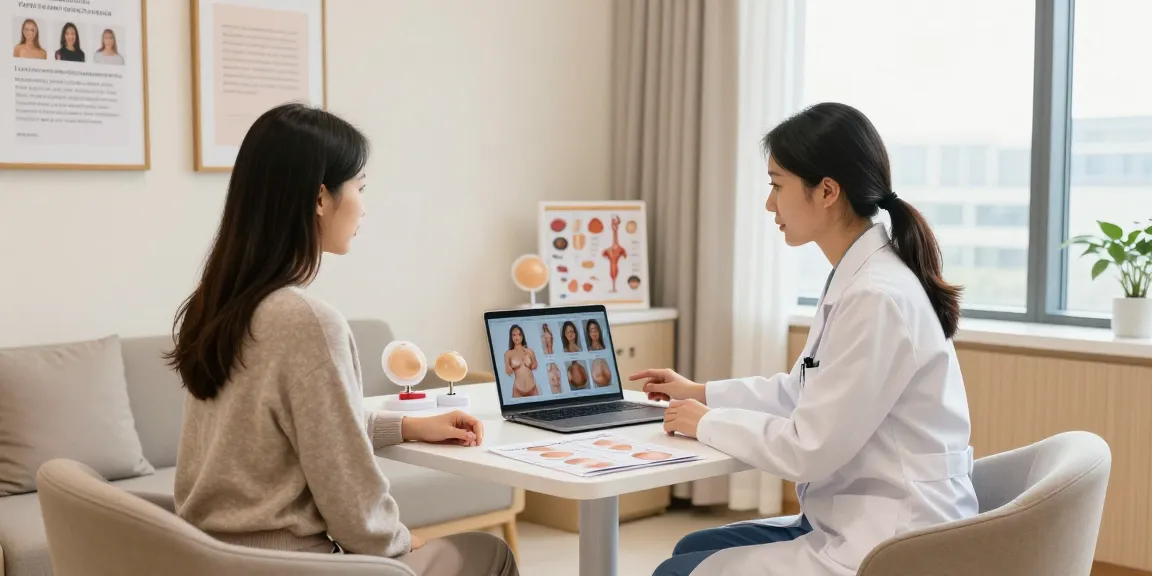 Consultation for breast augmentation Toronto; discussing surgical options with a plastic surgeon in a bright clinic.
