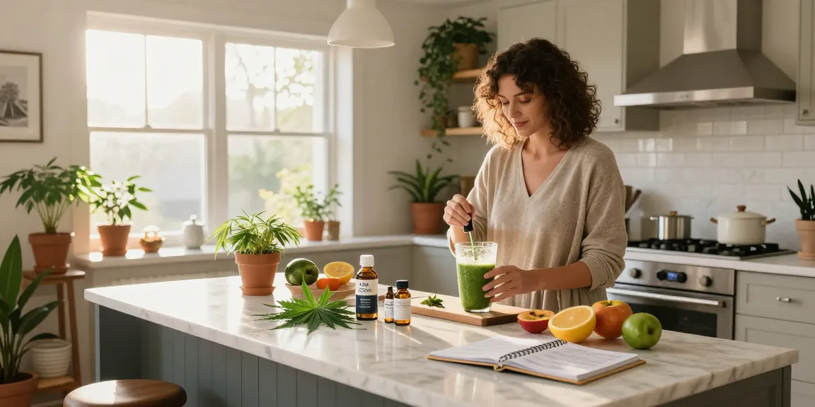 Quality CBD oil and wellness products in serene kitchen scene promoting genetiche Ministry cannabis for a healthy lifestyle